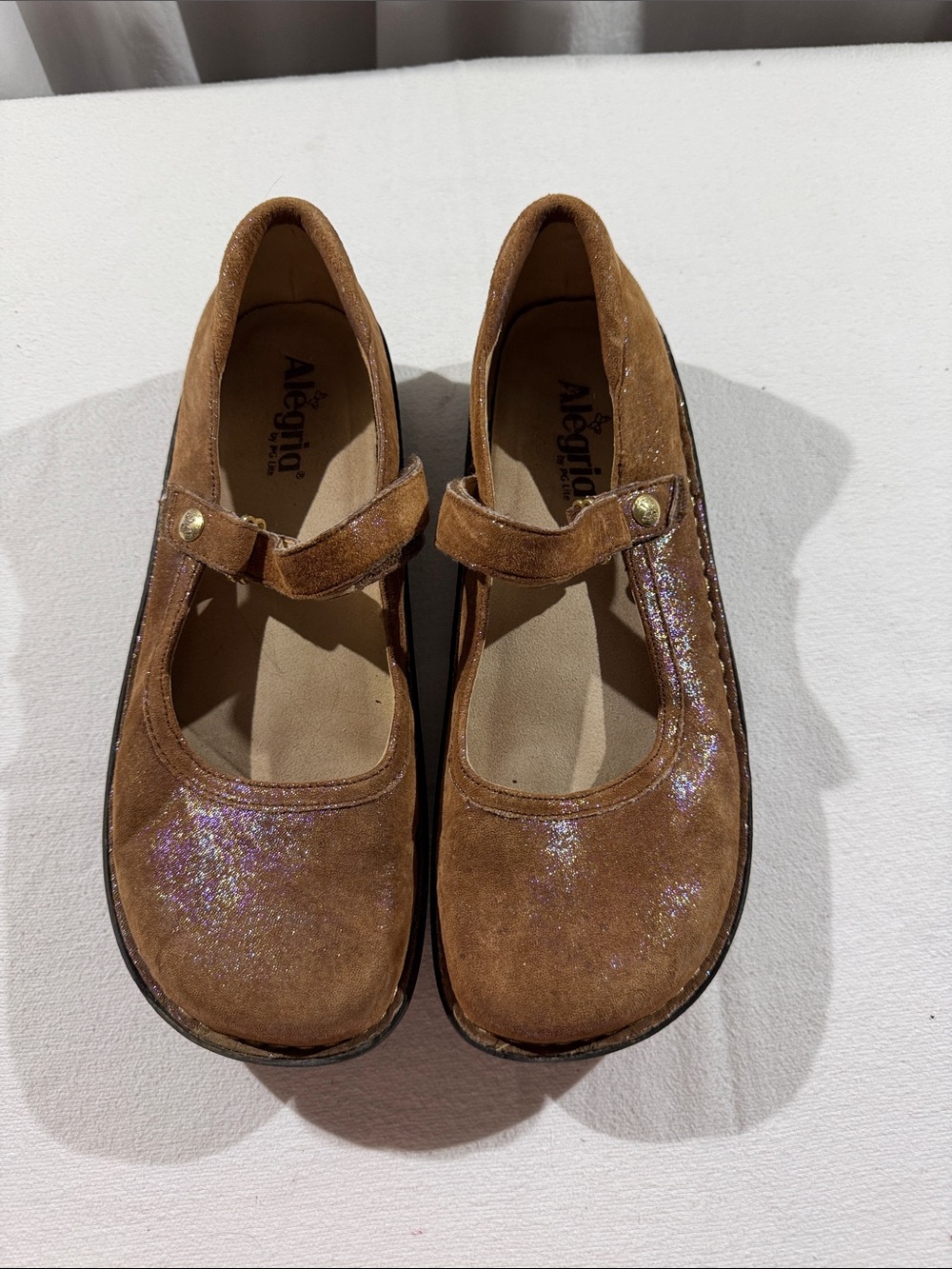 Alegria Women's  Brown Suede Mary Jane Shoes with Iridescent Glitter